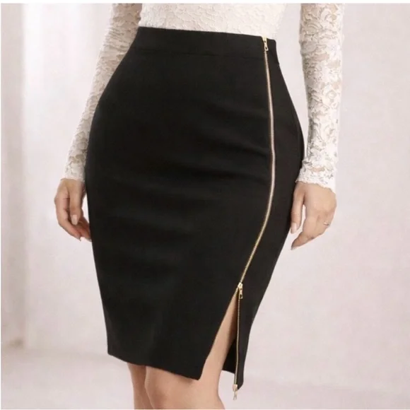 Express High Waist Chic Black Pencil Skirt with Gold Zipper - Picture 9 of 11